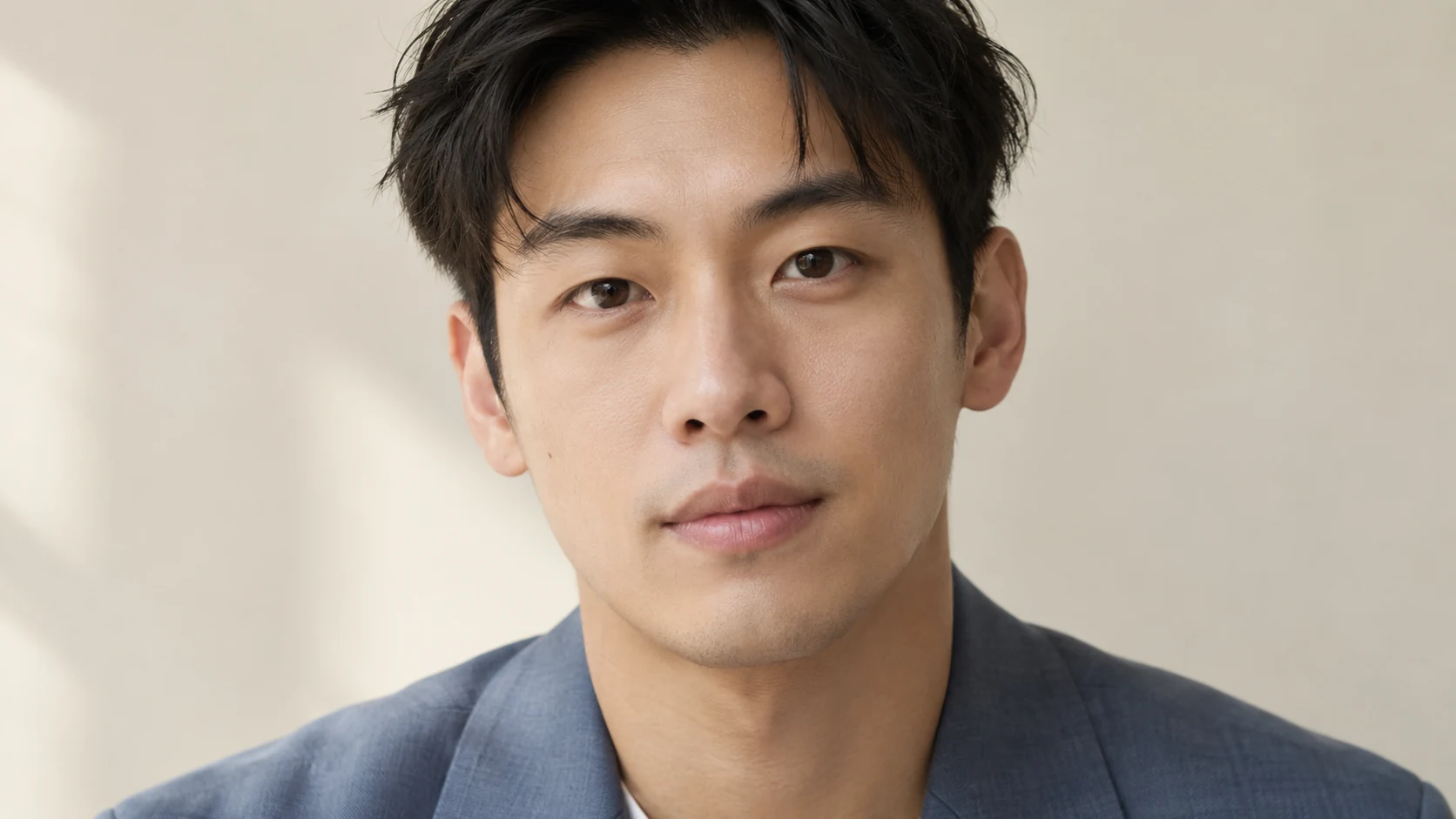 Double Eyelids: close editorial portrait of a man showing natural upper-eyelid folds