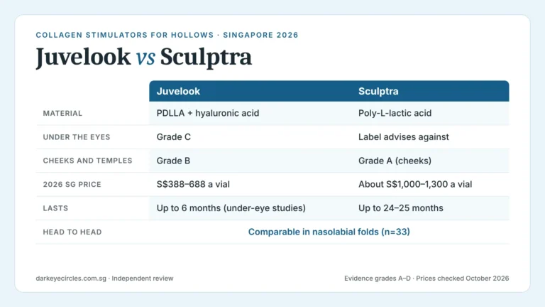 Juvelook vs Sculptra: collagen stimulator comparison for hollows and sunken eyes, with evidence grade and 2026 Singapore price