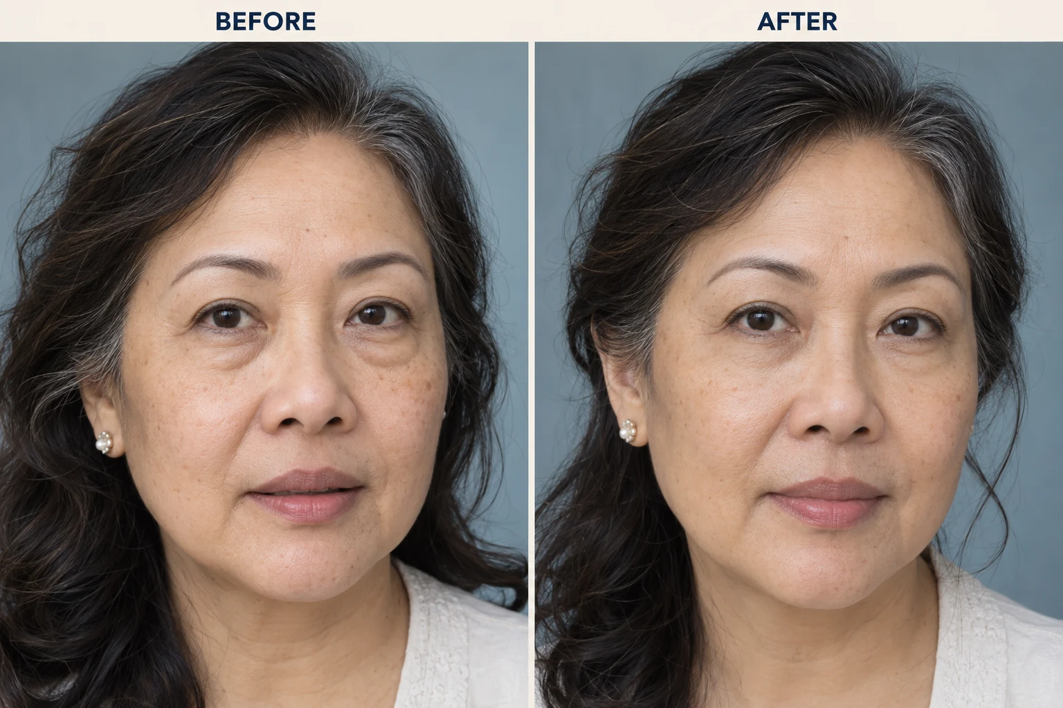 Under-eye wrinkles and sagging skin before and after treatment